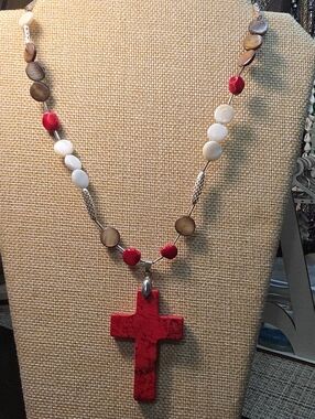 Women’s Red Cross Pendant Necklace with Mixed Beads